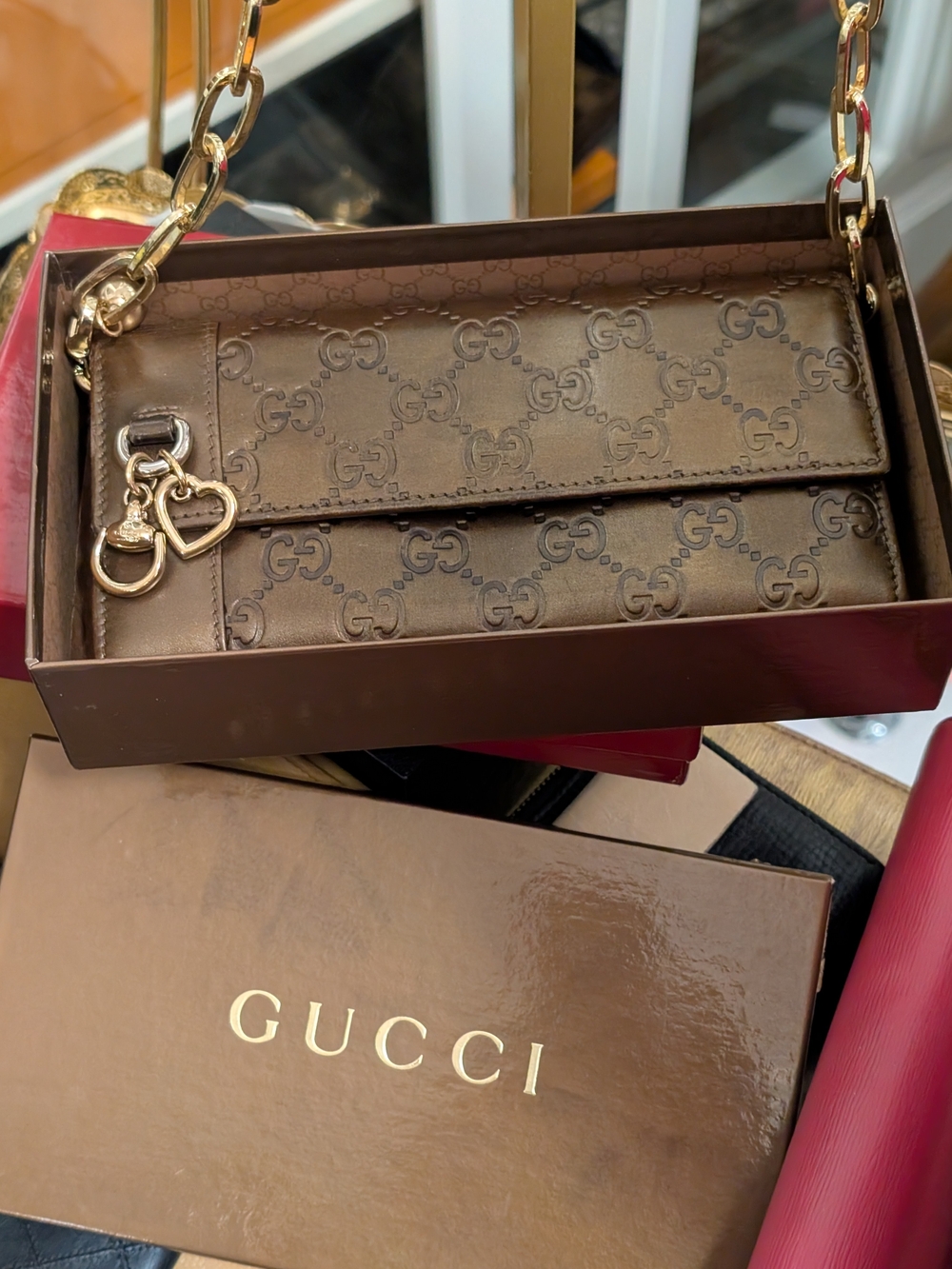 Gucci Brown GG Leather Long Wallet with Gold Heart, Horsebit Charm